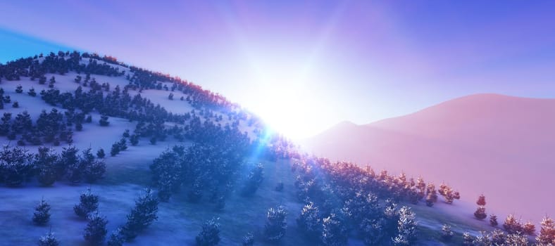 above winter forest mountain sunset 3D rendering illustration