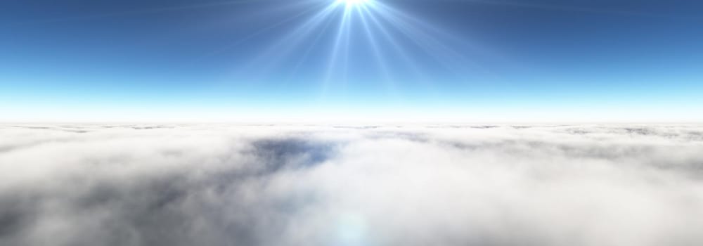 Above clouds sun ray, 3d rendering illustration