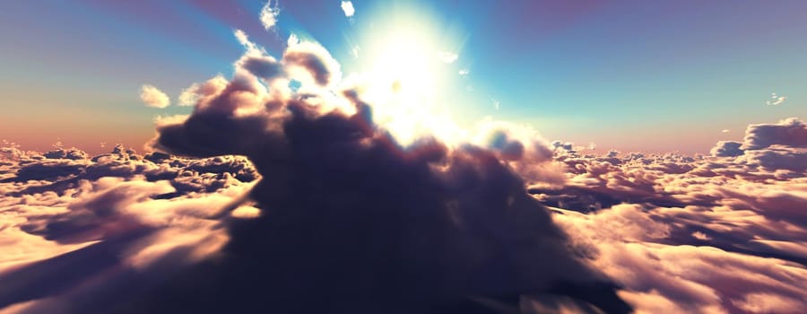 above clouds fly sunset sun ray illustration, 3d render