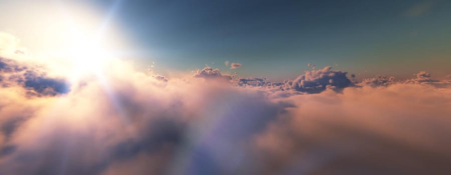 above clouds fly sunset sun ray illustration, 3d render