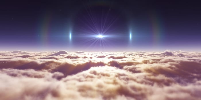 dream fly above clouds ray light, 3d rendering illustration