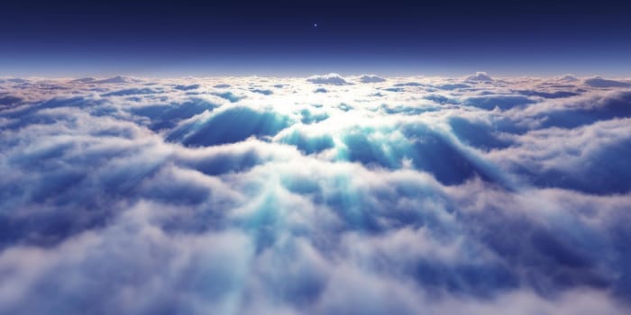 dream fly above clouds ray light, 3d rendering illustration