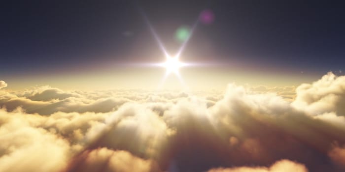 above clouds sunrise sun ray illustration, 3d rendering