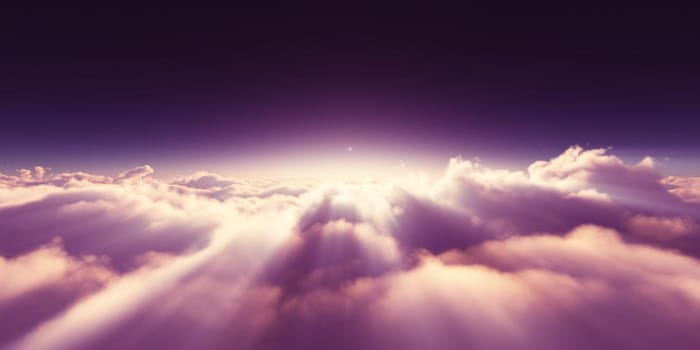 above clouds sunrise sun ray illustration, 3d rendering