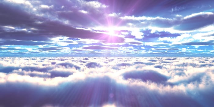 above clouds fly sunset sun ray illustration, 3d render