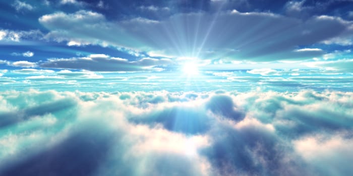 above clouds fly sunset sun ray illustration, 3d render