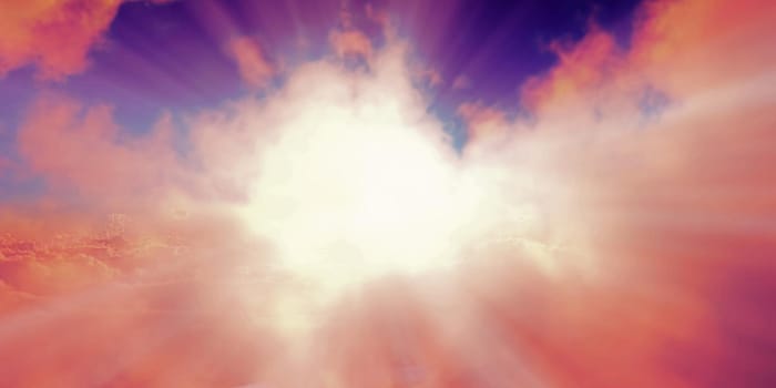 above clouds sun ray sunset. 3d render illustration