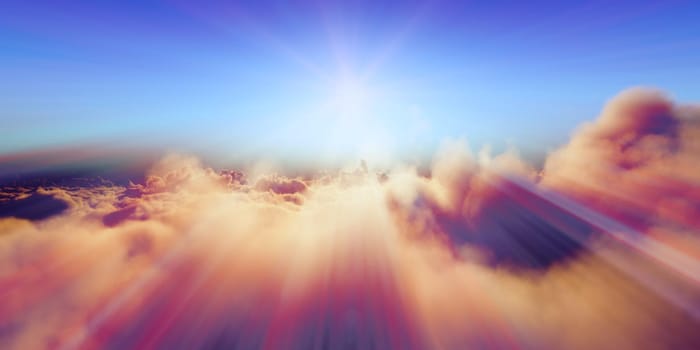 Beautiful aerial view above clouds with sunset. 3d illustration