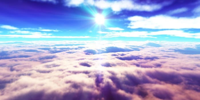 above clouds fly sunset sun ray illustration, 3d render