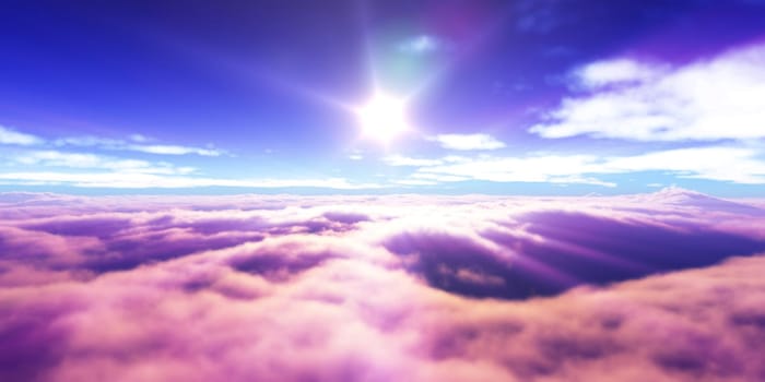 above clouds fly sunset sun ray illustration, 3d render