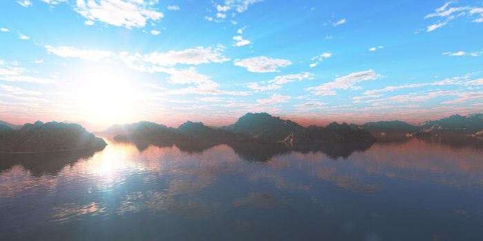 above islands in sea sunset, illustration 3d rendering