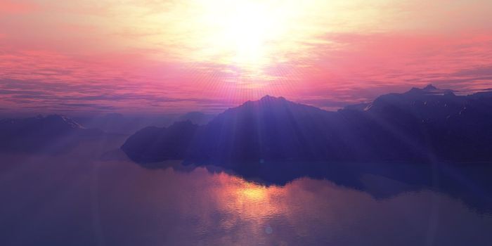 above islands in sea sunset, illustration 3d rendering