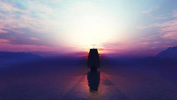 old ship at sea sunset, 3d render illustration