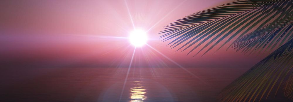 sunset sea palm landscape illustration, 3d render