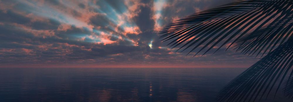 sunset sea palm landscape illustration, 3d render