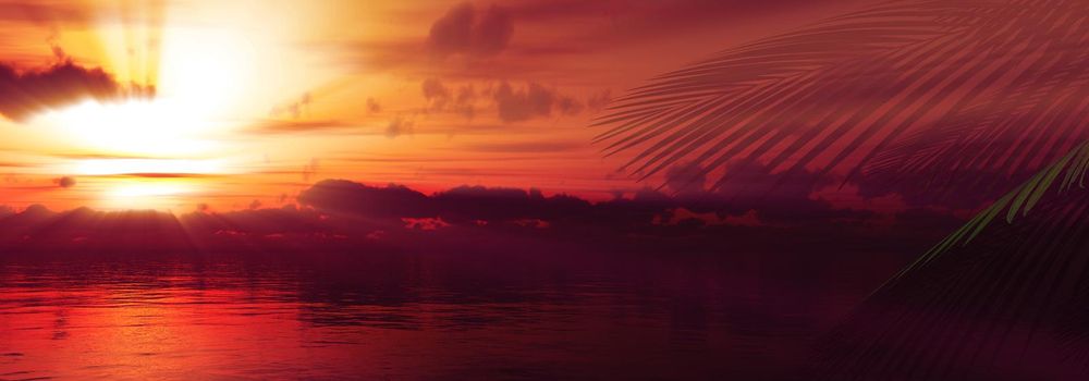 sunset sea palm landscape illustration, 3d render