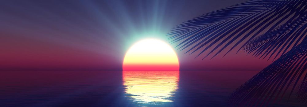 sunset sea palm landscape illustration, 3d render