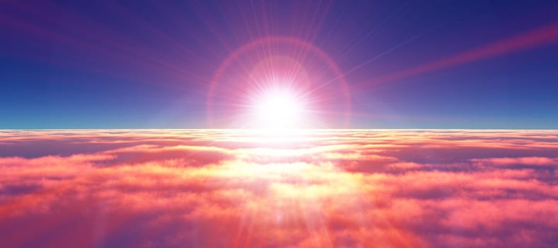 above clouds fly sunset sun ray illustration, 3d render