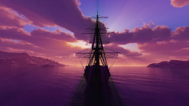 old ship sunset at sea illustration 3d rendering