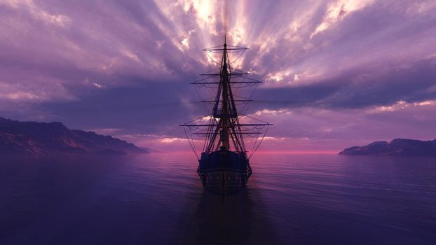 old ship sunset at sea illustration 3d rendering