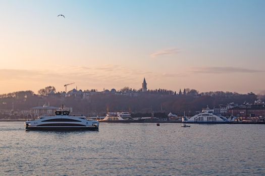 istanbul,turkey-april 14 2021.Ferries and boats are the symbols of urban transportation in Istanbul.