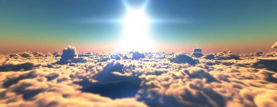 above clouds fly sunset sun ray illustration, 3d render