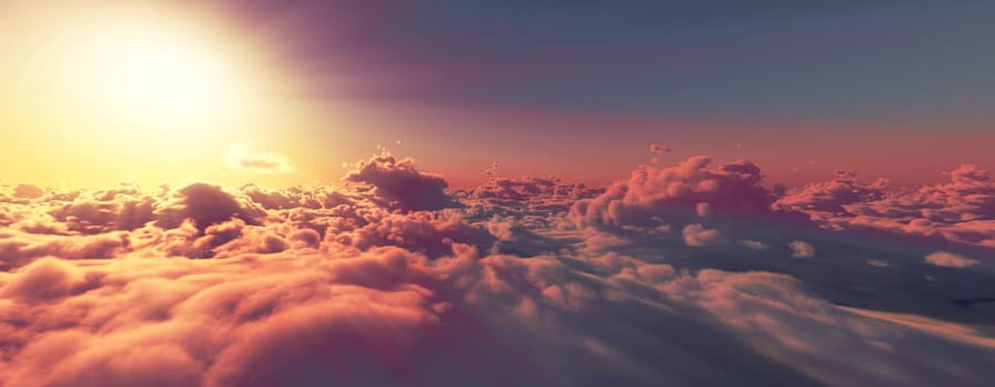 above clouds fly sunset sun ray illustration, 3d render