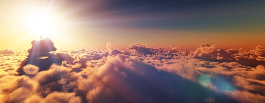 above clouds fly sunset sun ray illustration, 3d render