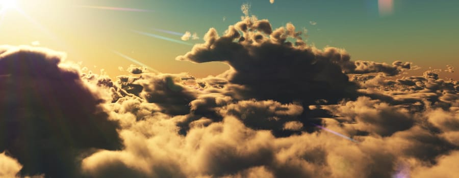 above clouds fly sunset sun ray illustration, 3d render