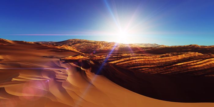 Dunes sunset over the desert. 3d rendering illustration