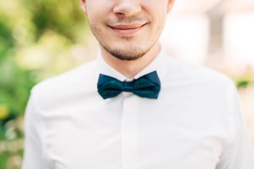 close-up portrait smiling groom with green bow tie. High quality photo