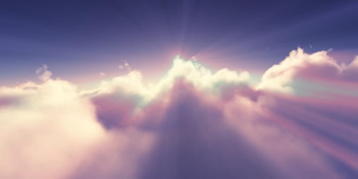 above clouds sunrise sun ray illustration, 3d rendering