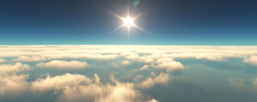 fly above clouds sunset landscape. 3d render illustration