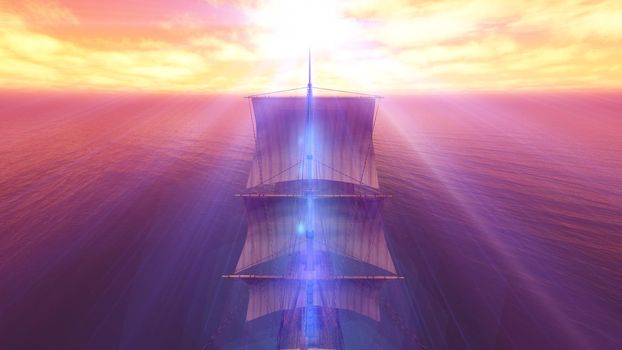 old ship sunset at sea 3d rendering illustration