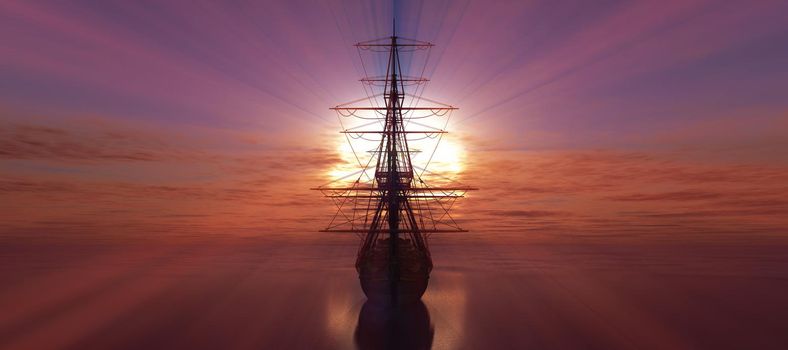 old ship sunset at sea 3d rendering illustration