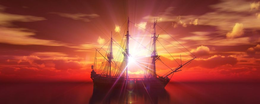 old ship sunset at sea 3d rendering illustration