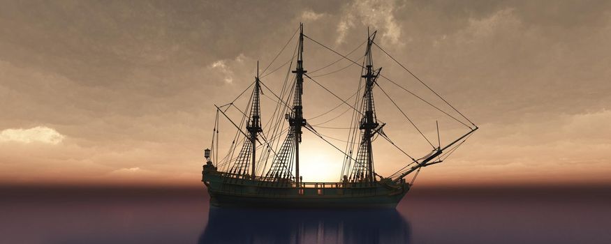 old ship sunset at sea 3d rendering illustration