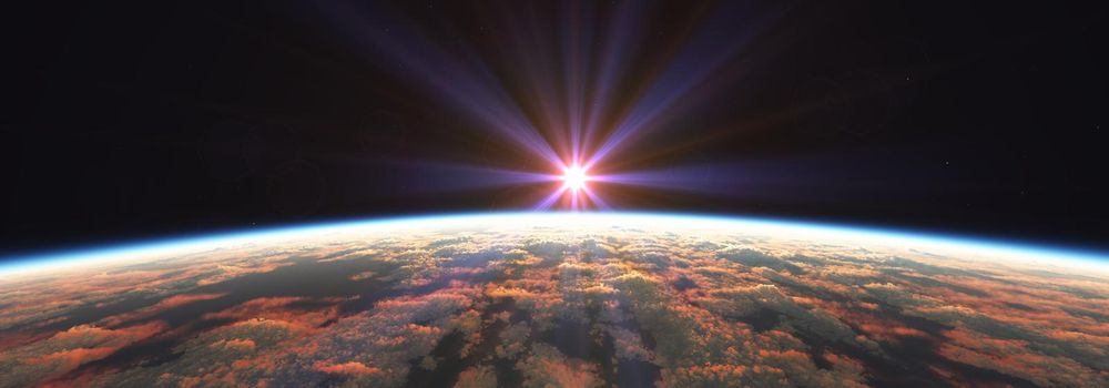 Earth sunrise from space over cloudy ocean. 3d rendering illustration