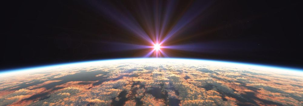 Earth sunrise from space over cloudy ocean. 3d rendering illustration