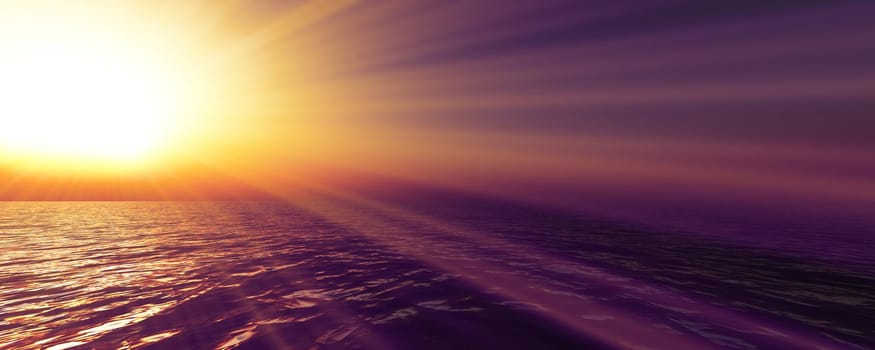 sunset sea sun ray clear sky, 3d rendering illustration