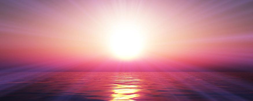 sunset sea sun ray clear sky, 3d rendering illustration