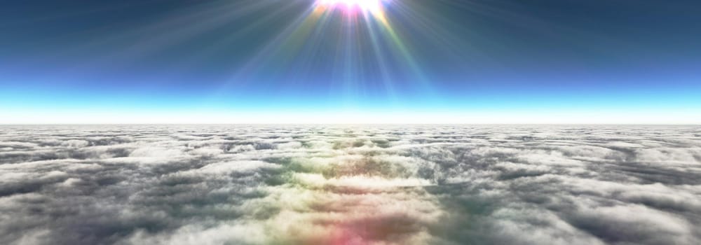 Above clouds sun ray, 3d rendering illustration