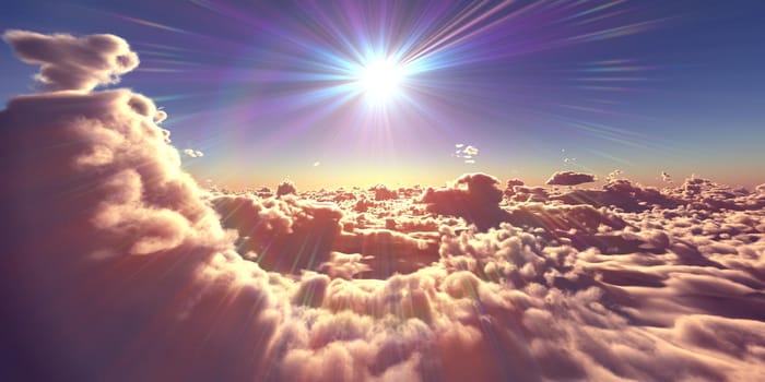 fly above clouds sunset landscape, 3d render illustration