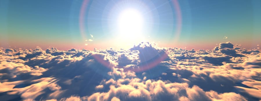 above clouds fly sunset sun ray illustration, 3d render