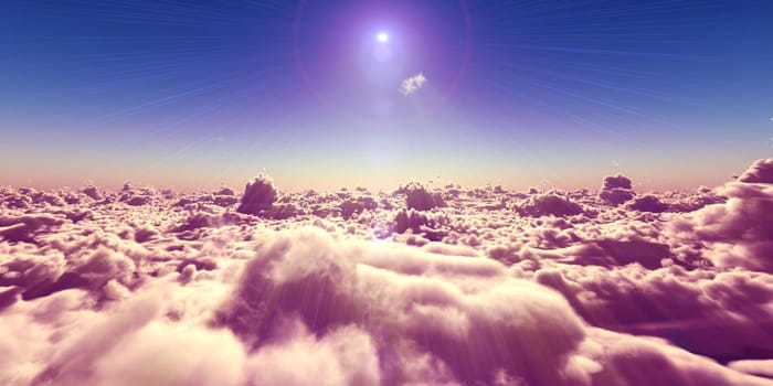 fly above clouds sunset landscape, 3d render illustration