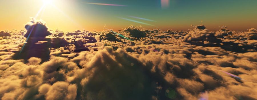 above clouds fly sunset sun ray illustration, 3d render