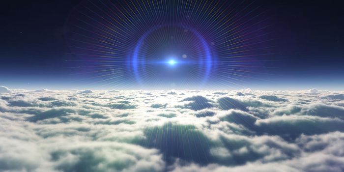 dream fly above clouds ray light, 3d rendering illustration