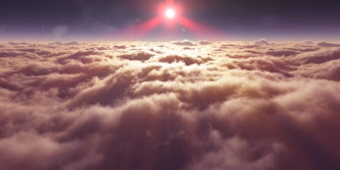 dream fly above clouds ray light, 3d rendering illustration