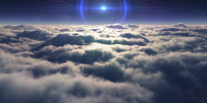 dream fly above clouds ray light, 3d rendering illustration