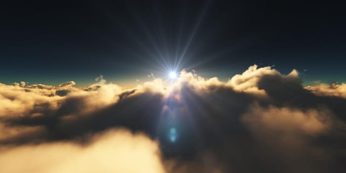 above clouds sunrise sun ray illustration, 3d rendering